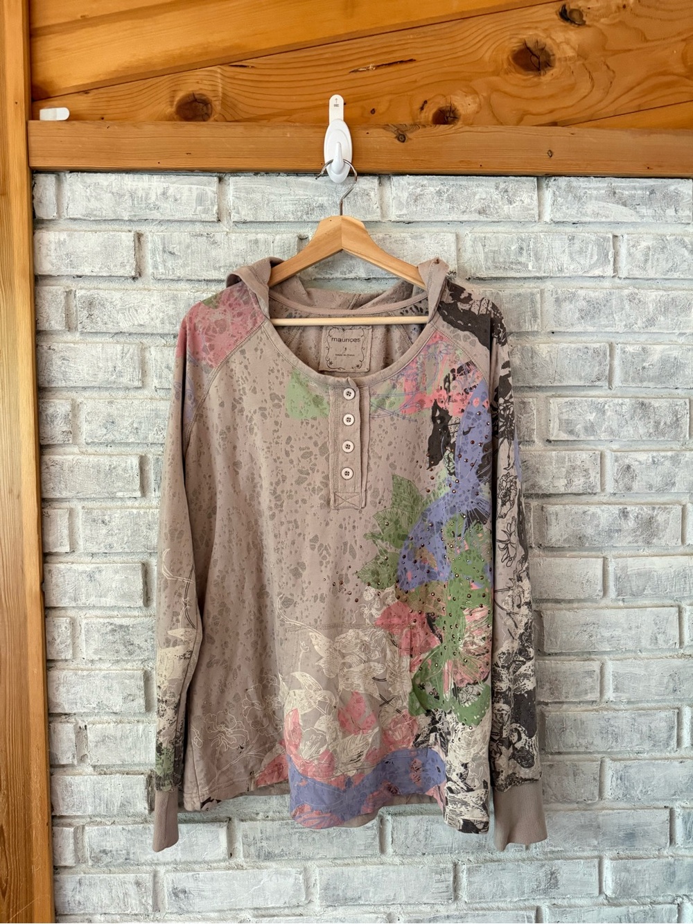 Maurices Taupe Hooded Henley with Floral Multicolor Print